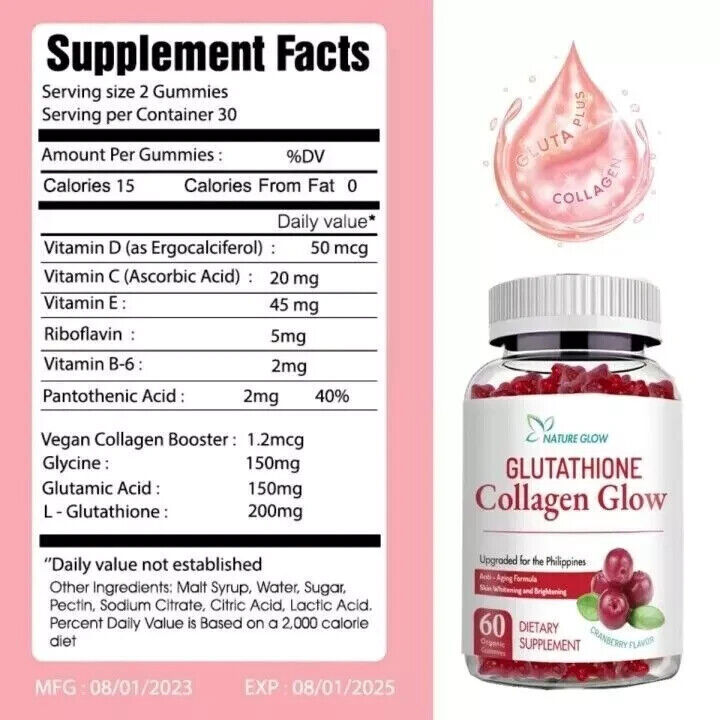 Glutathione Collagen Gummies Skin Lightening Hair,Nails & Bones Health 60Pcs